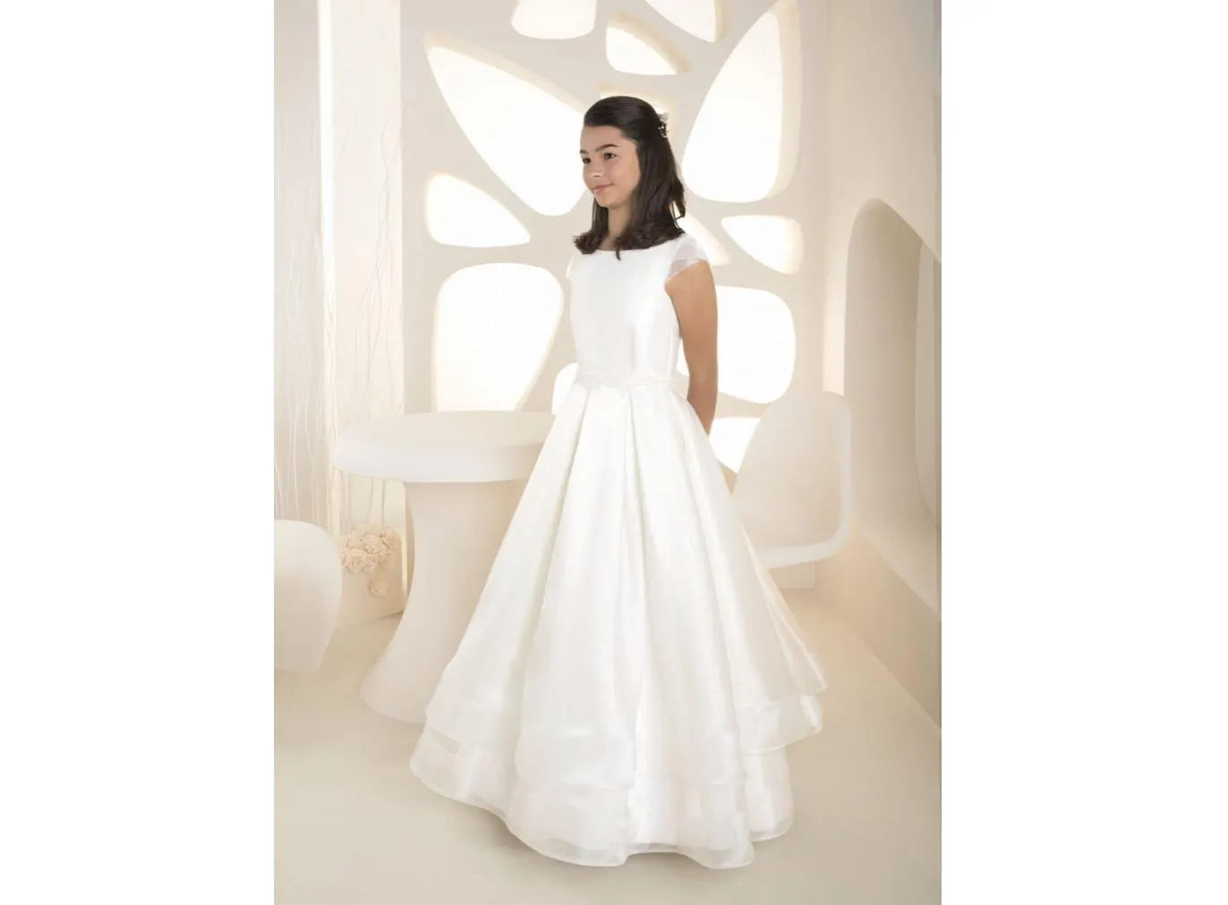 Kasia Style - Elegant White Satin Flower Girl /First Communion Dress: Lace & Organza Gown
