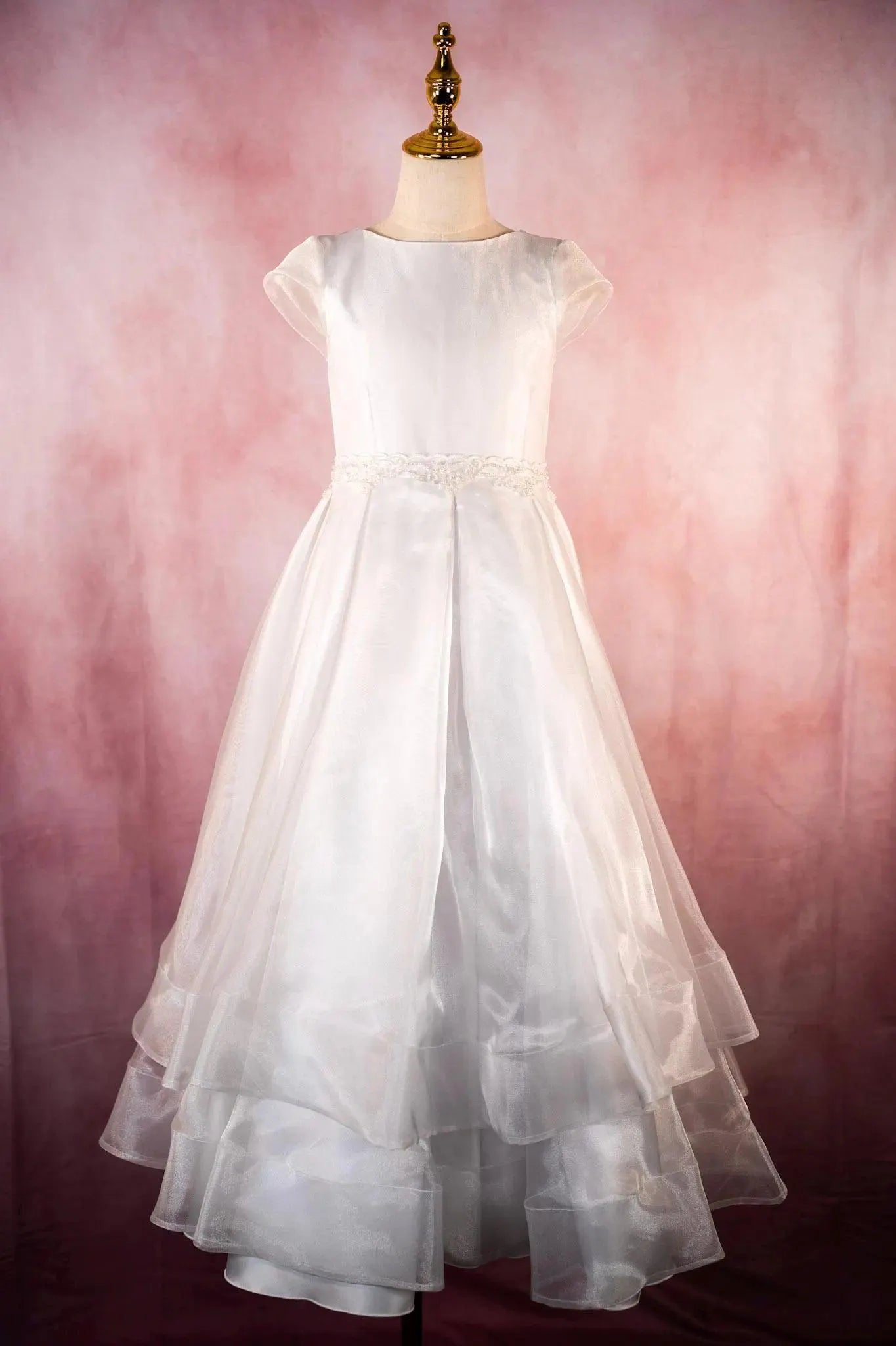 Kasia Style - Elegant White Satin Flower Girl /First Communion Dress: Lace & Organza Gown