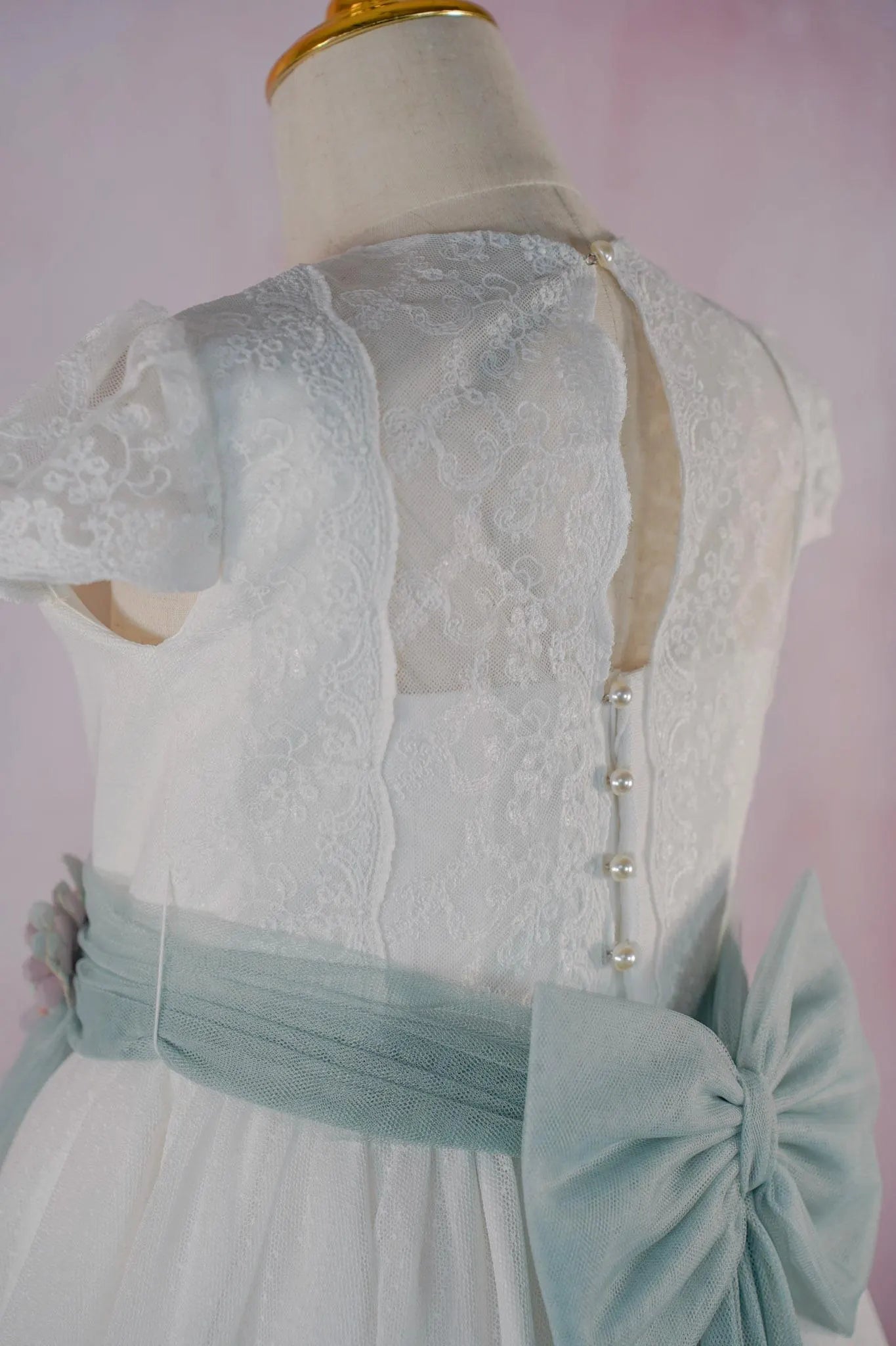 Paula - Spanish First Communion Dress: Polka Dot Tulle, Aquamarine Sash