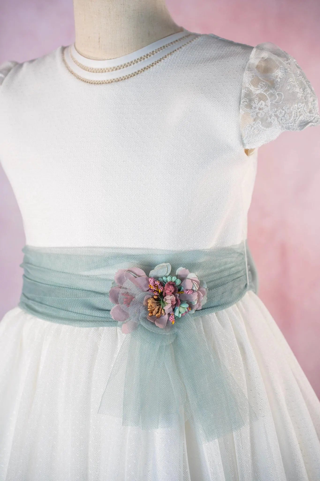 Paula - Spanish First Communion Dress: Polka Dot Tulle, Aquamarine Sash