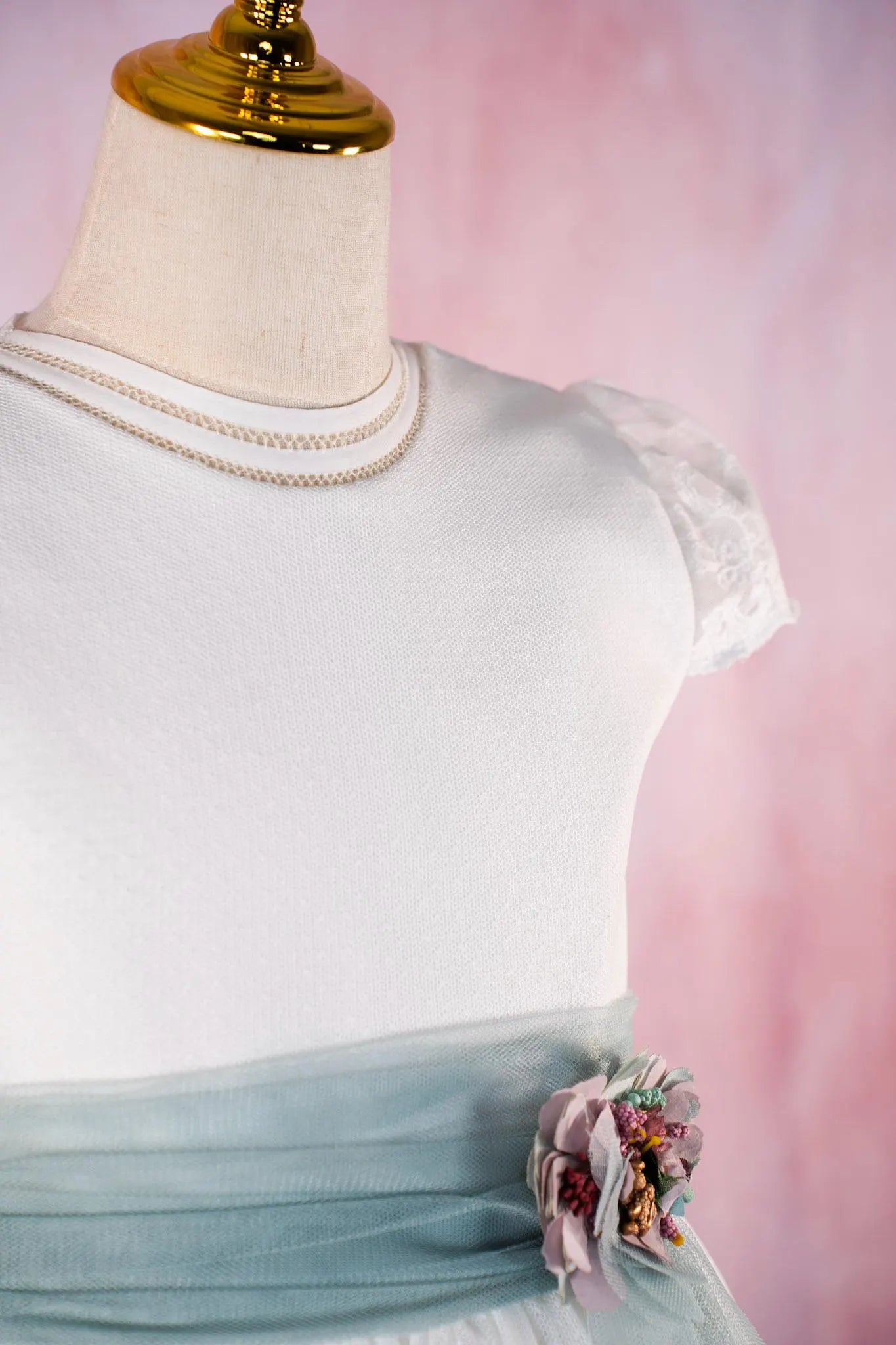Paula - Spanish First Communion Dress: Polka Dot Tulle, Aquamarine Sash