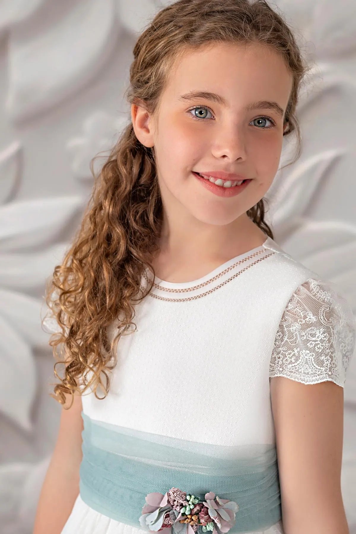 Paula - Spanish First Communion Dress: Polka Dot Tulle, Aquamarine Sash