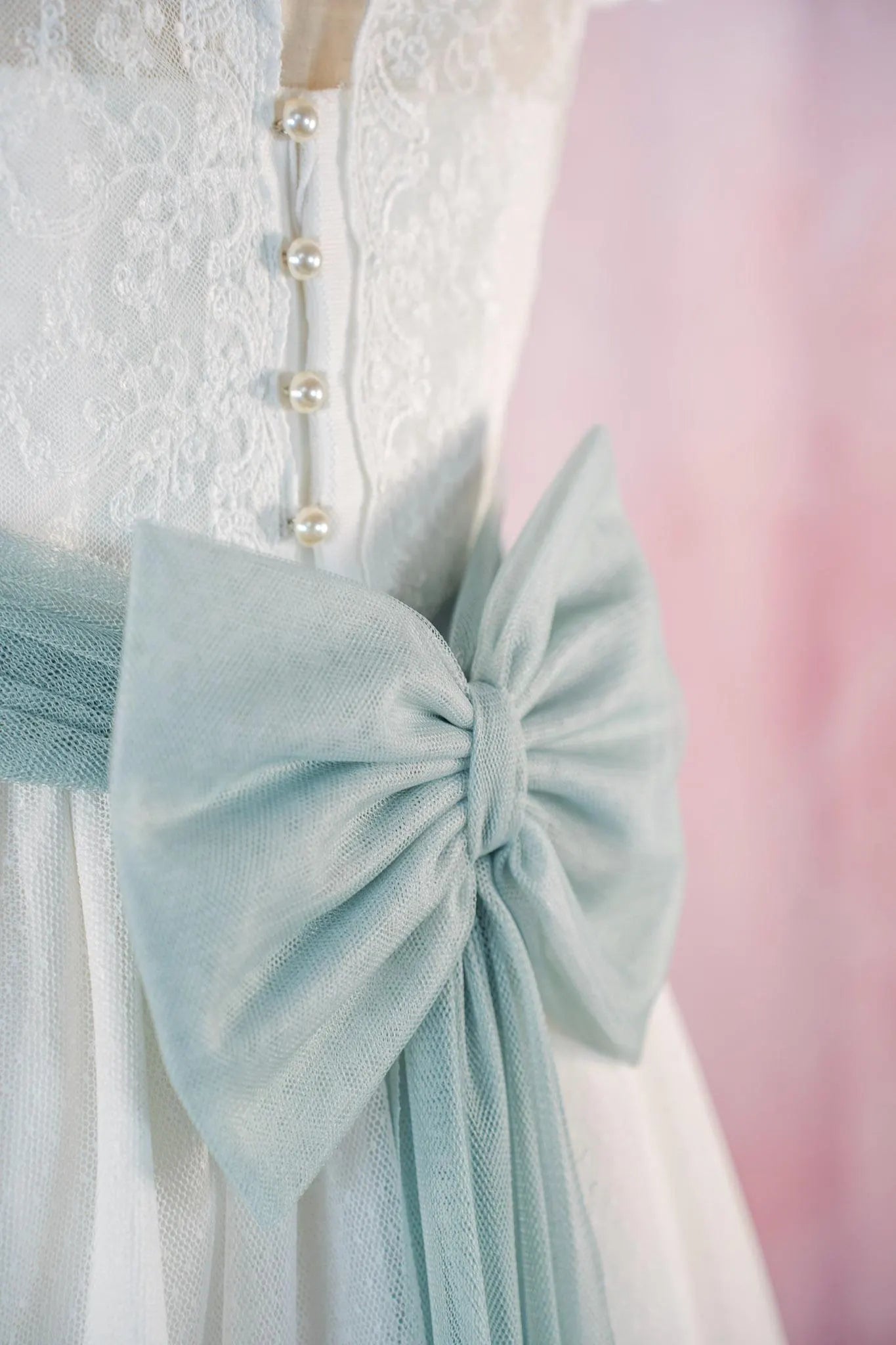 Paula - Spanish First Communion Dress: Polka Dot Tulle, Aquamarine Sash