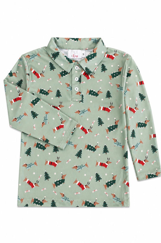 Festive Dachshund Long Sleeve Polo Shirt for Kids | Soft Polyester Blend