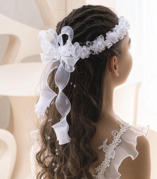White Floral Hair Crown for Girls, First Communion & Flower Girl Wreath