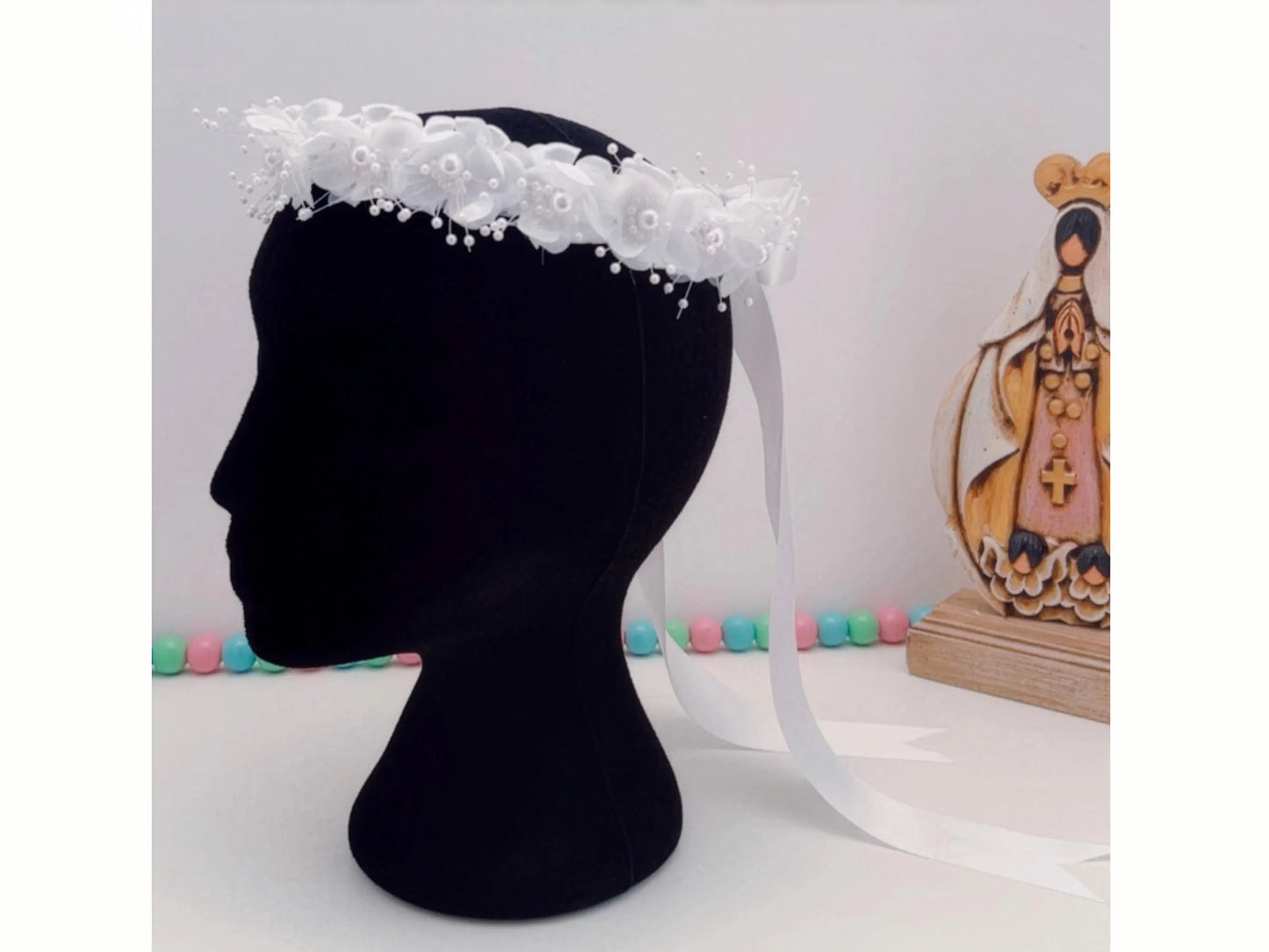 White Satin Floral Hair Wreath with Pearls, First Communion & Flower Girl