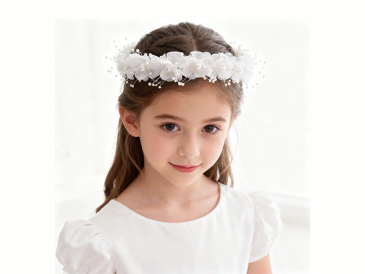 White Satin Floral Hair Wreath with Pearls, First Communion & Flower Girl