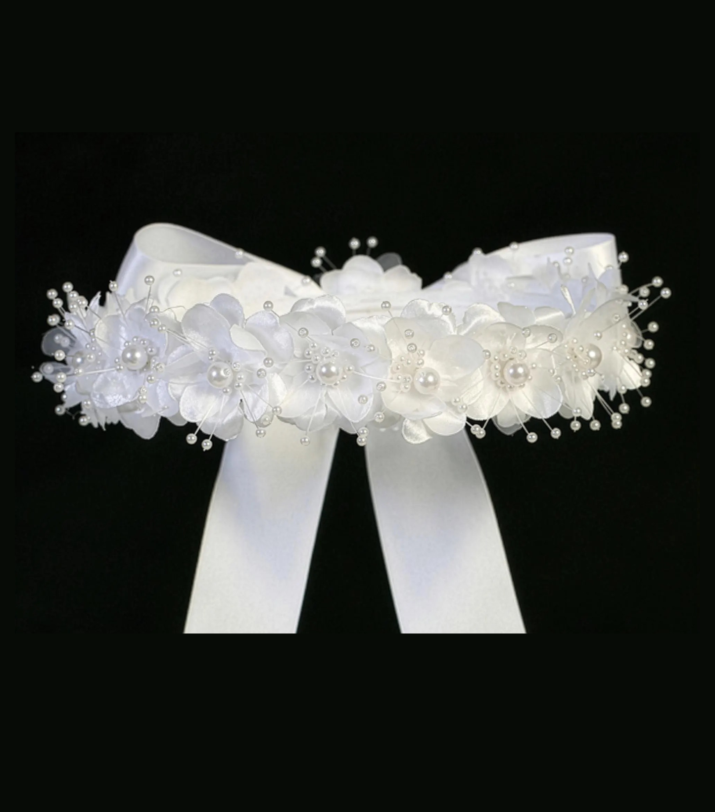 White Satin Floral Hair Wreath with Pearls, First Communion & Flower Girl