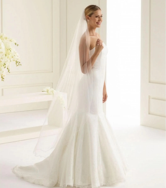 Bridal Veil with Corded Edge, Chapel Length Wedding Veil, Single Layer Tulle Veil