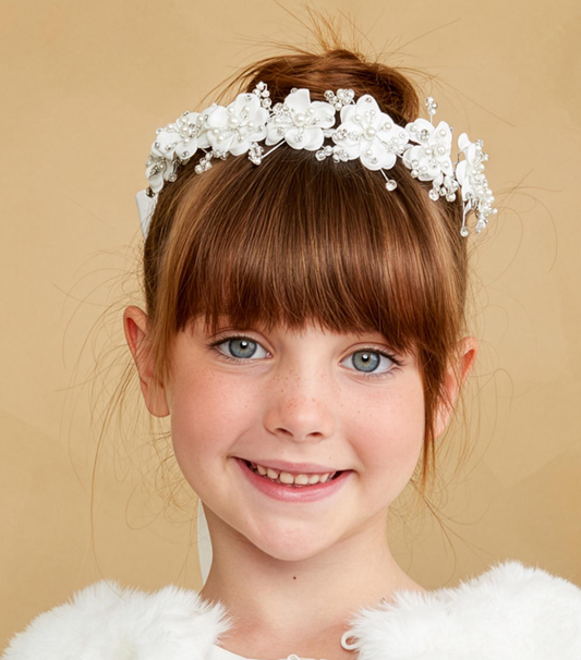 White Floral Hair Wreath with Pearls and Crystal Accents, First Communion and Flower Girl