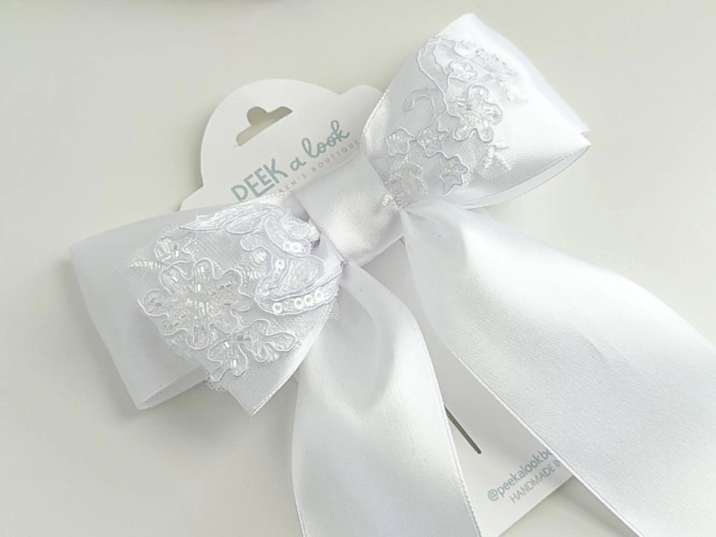 White Satin Hair Bow Clip: Long Lace & Sequins, Handmade USA