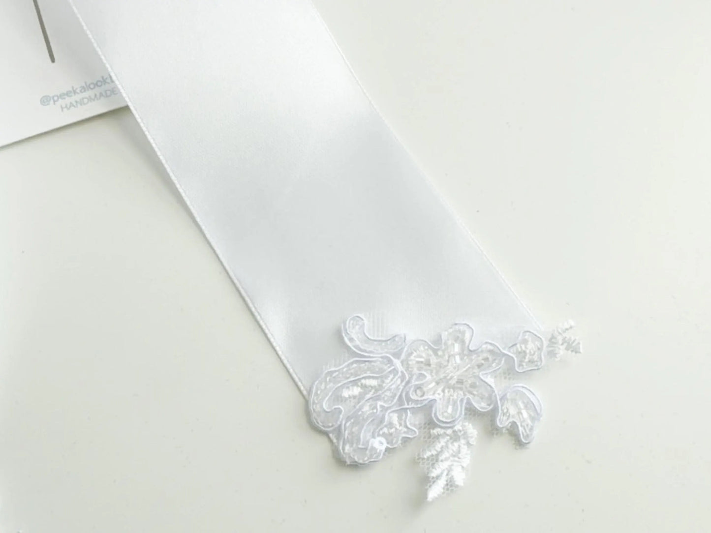White Satin Hair Bow Clip: Long Lace & Sequins, Handmade USA