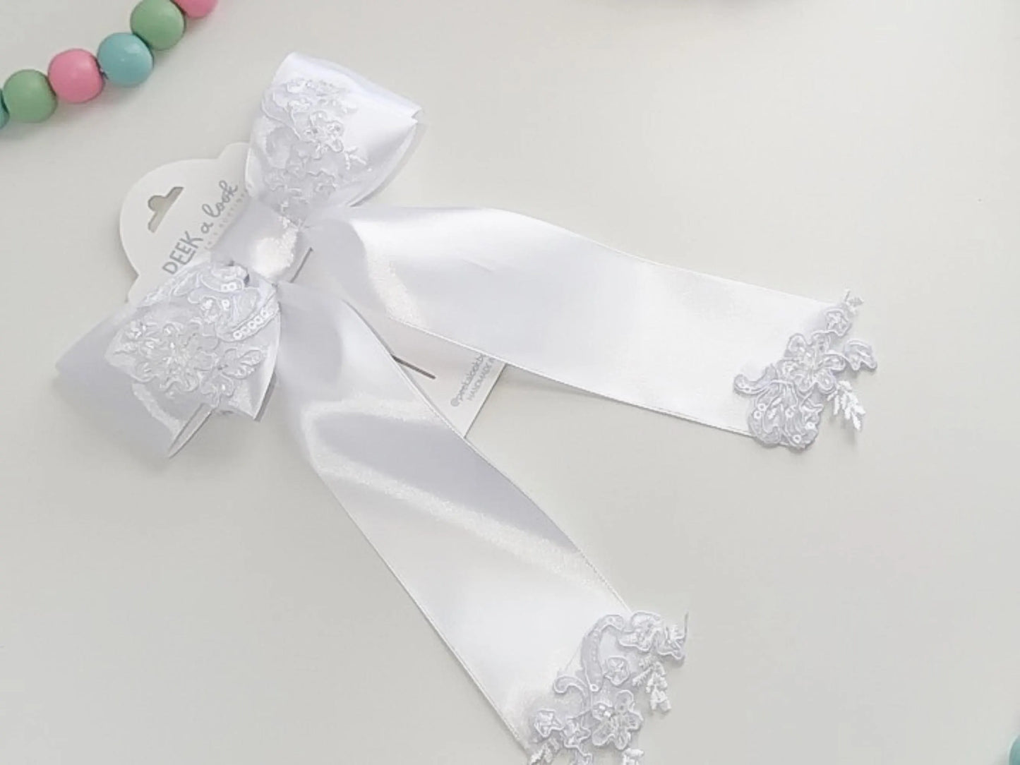 White Satin Hair Bow Clip: Long Lace & Sequins, Handmade USA