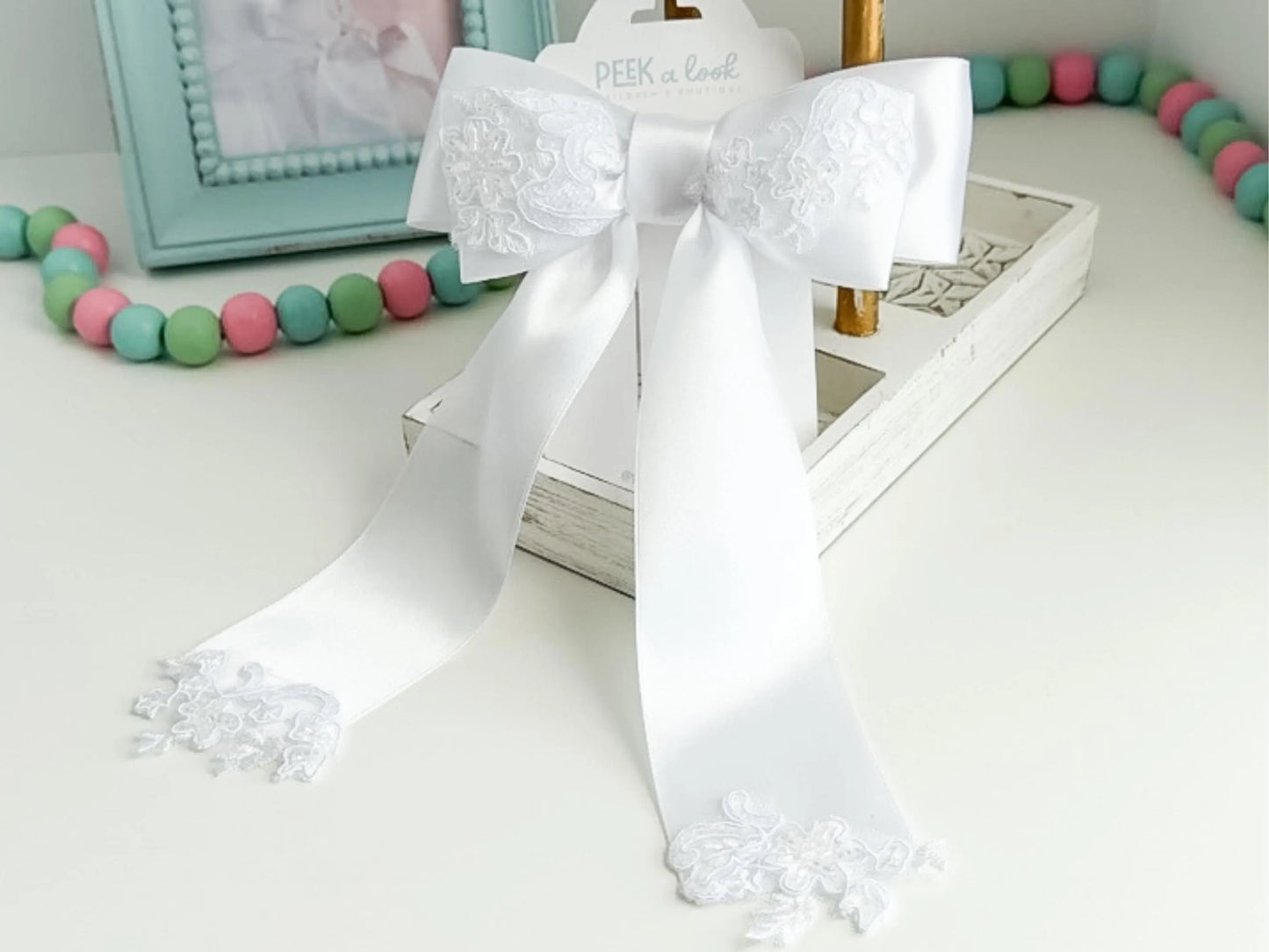 White Satin Hair Bow Clip: Long Lace & Sequins, Handmade USA
