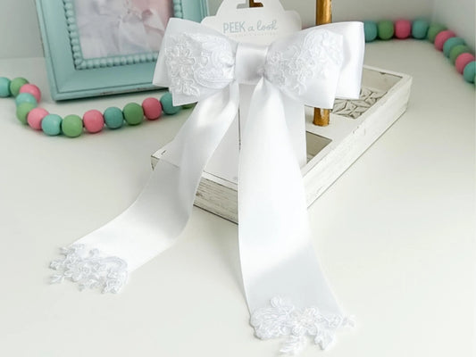 White Satin Hair Bow Clip: Long Lace & Sequins, Handmade USA