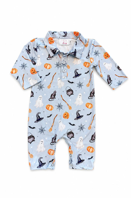 Spooky Season Long Sleeve Polyester Polo One-Piece – Soft, Stretchy Baby Outfit with Snap Closure