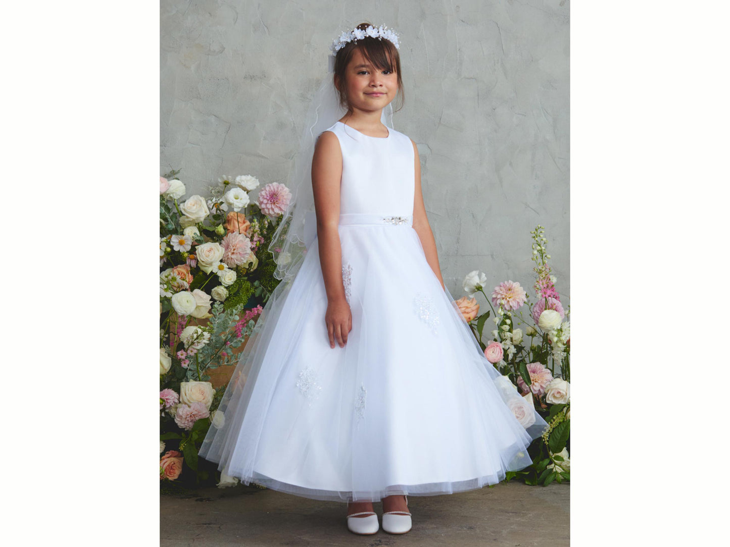 Bella Style First Communion Dress, White Satin Tulle Flower Girl Outfit with Lace Bolero