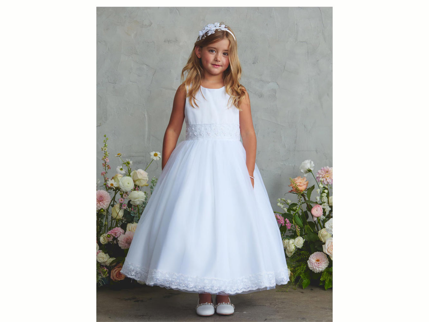 Ella Style White Satin Mesh First Communion Dress for Girls with Lace Hem