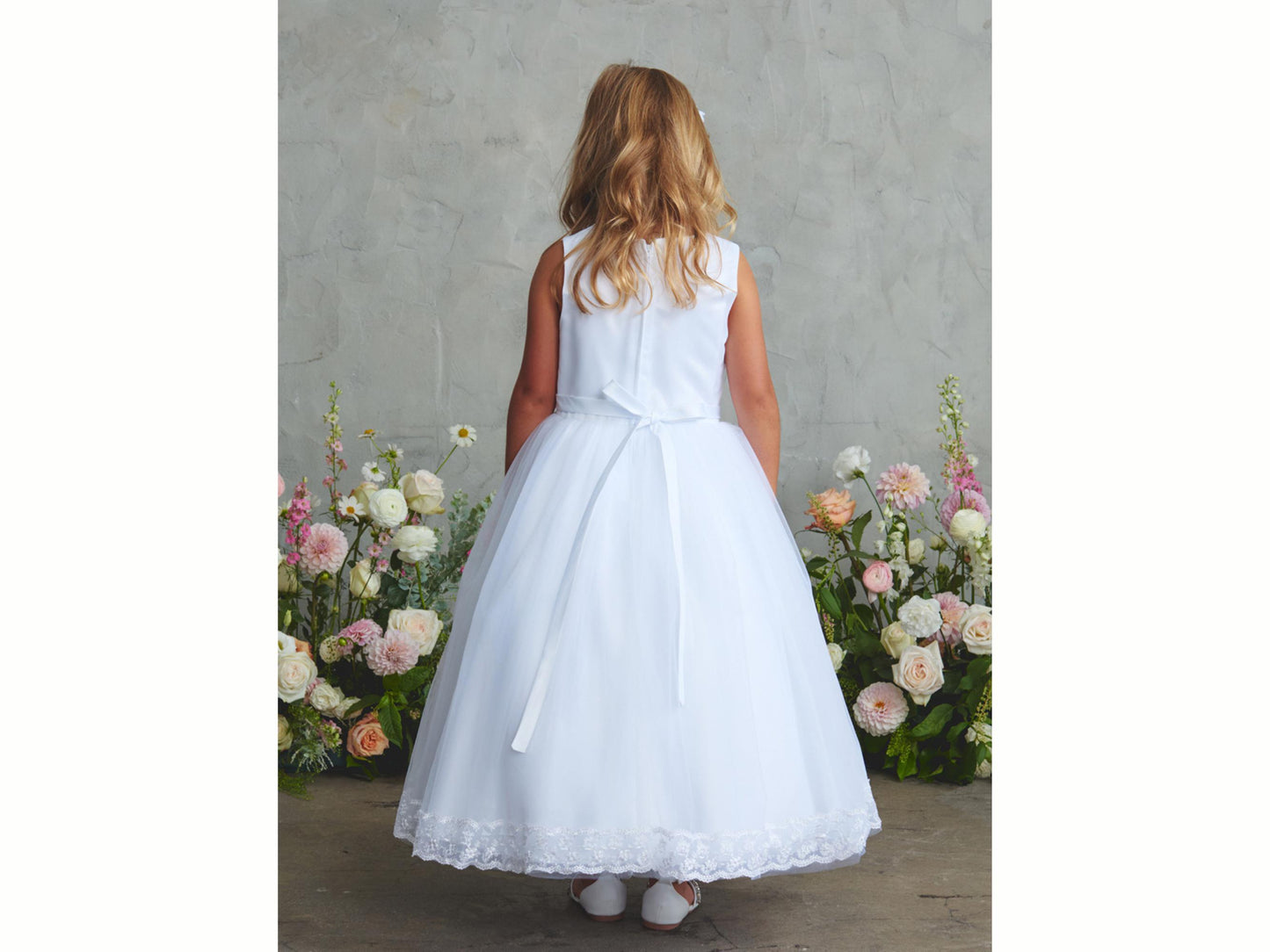 Ella Style White Satin Mesh First Communion Dress for Girls with Lace Hem