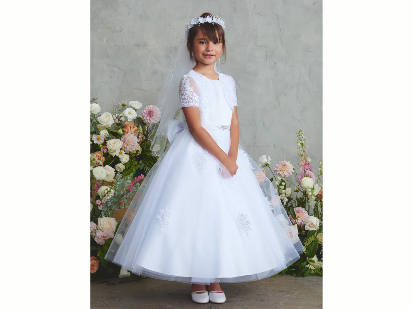 Bella Style First Communion Dress, White Satin Tulle Flower Girl Outfit with Lace Bolero