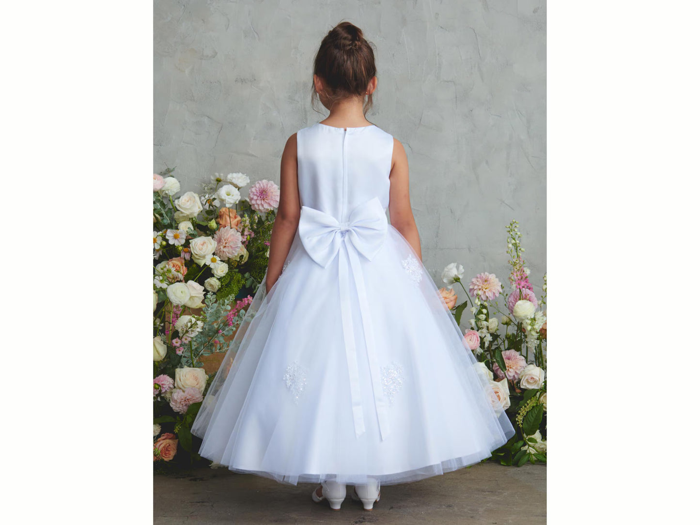 Bella Style First Communion Dress, White Satin Tulle Flower Girl Outfit with Lace Bolero