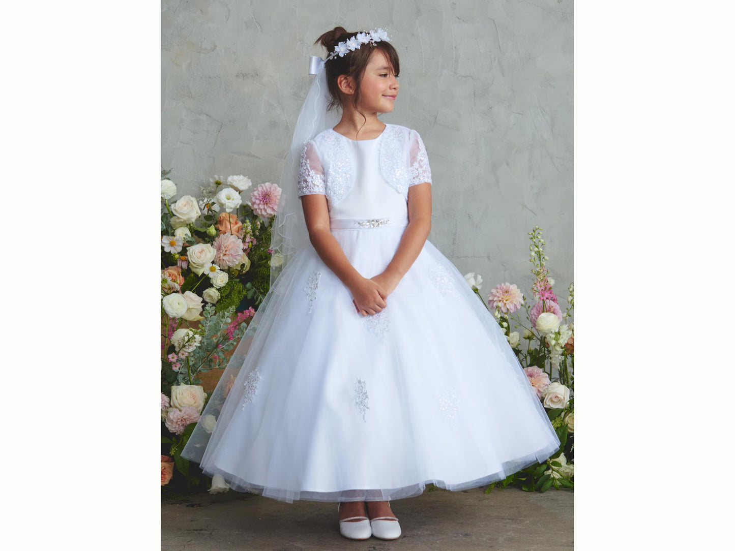 Bella Style First Communion Dress, White Satin Tulle Flower Girl Outfit with Lace Bolero