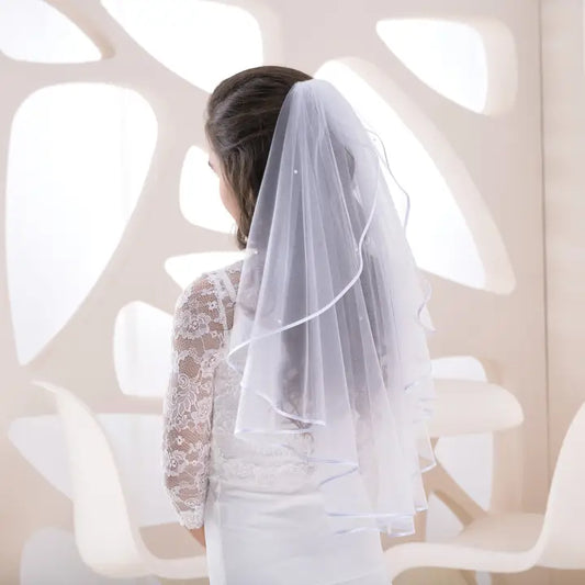 White Communion Veil: Girls' Tulle Veil with Pearls, Ribbon Edge