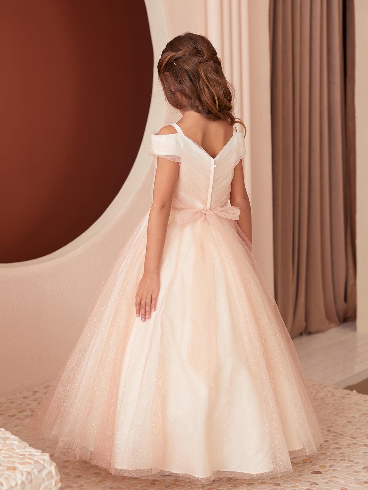 Rose Gold/Champagne Glitter Tulle Ball Gown, Off-the-Shoulder Flower Girl Dress, Rhinestone Waist