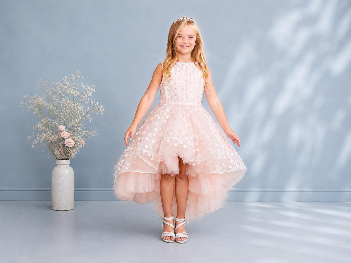 Blush Flower Girl Dress, Chloe High Low Tulle Gown, Junior Bridesmaid for Girls