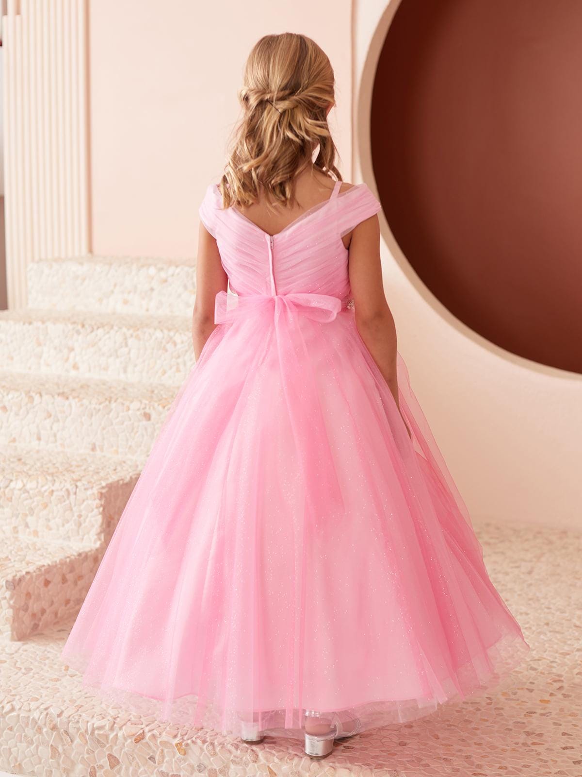 Hot Pink Glitter Tulle Ball Gown, Off-the-Shoulder Flower Girl Dress, Rhinestone Waist