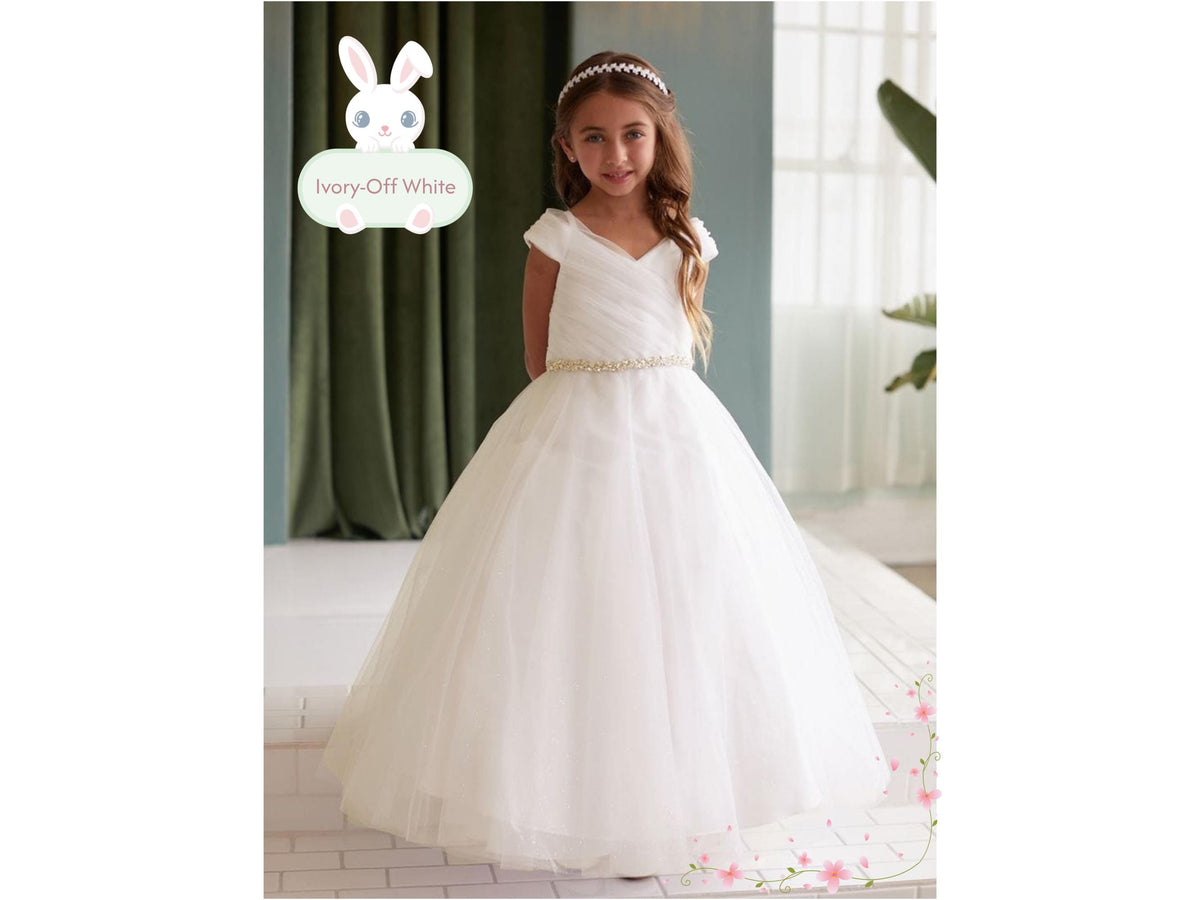 Ivory- Off White Glitter Tulle Ball Gown, Off-the-Shoulder Flower Girl Dress, Rhinestone Waist
