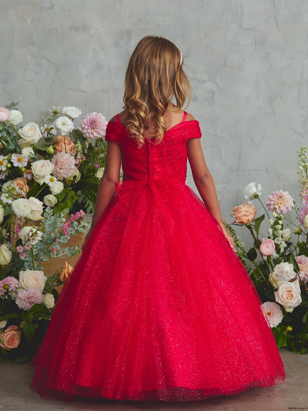 Red Glitter Tulle Ball Gown, Off-the-Shoulder Flower Girl Dress, Rhinestone Waist