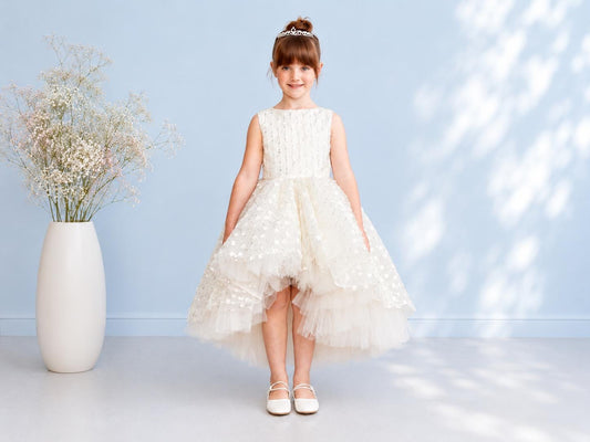 Champagne Flower Girl Dress, Chloe High Low Tulle Gown, Junior Bridesmaid for Girls