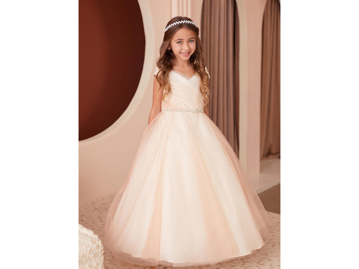 Rose Gold/Champagne Glitter Tulle Ball Gown, Off-the-Shoulder Flower Girl Dress, Rhinestone Waist