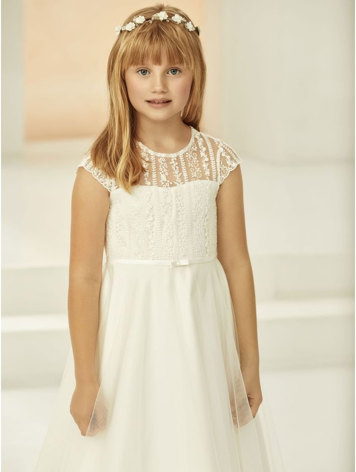 Anneliese Style - Communion Dress: Delicate Lace & Tulle with Satin Belt - High-End Ceremony Dress. Flower Girl Gown