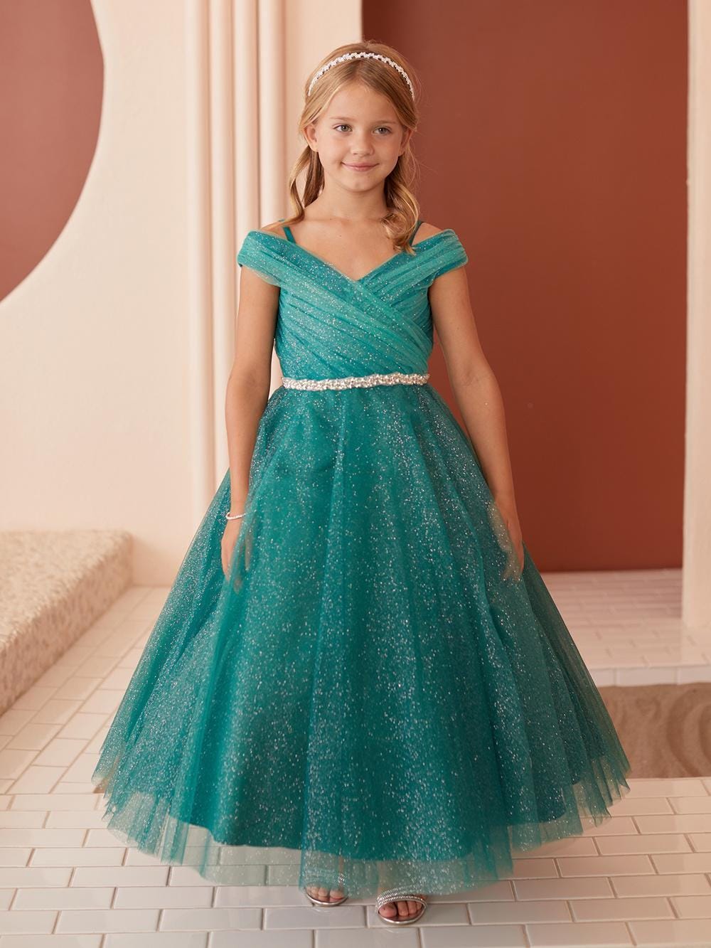 Emerald Glitter Tulle Ball Gown, Off-the-Shoulder Flower Girl Dress, Rhinestone Waist