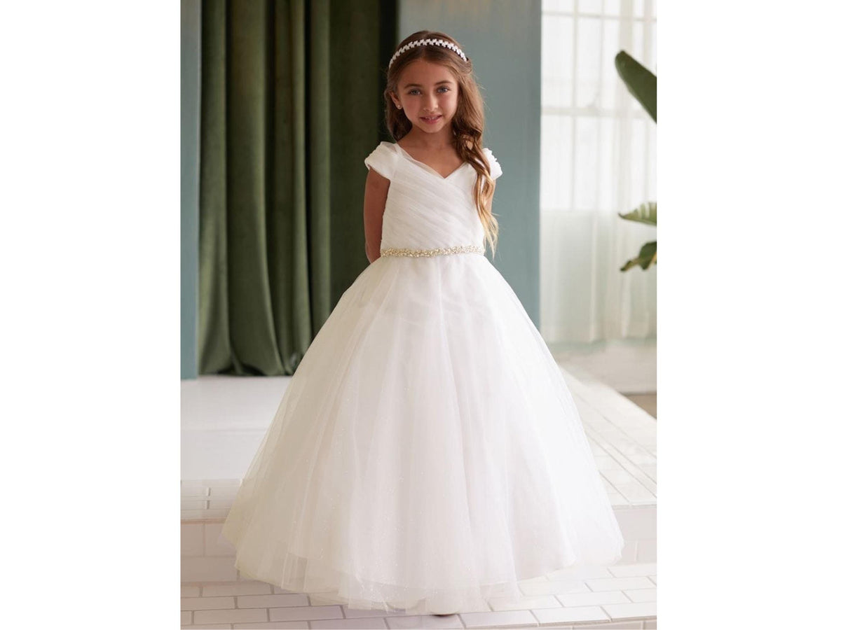 Ivory- Off White Glitter Tulle Ball Gown, Off-the-Shoulder Flower Girl Dress, Rhinestone Waist