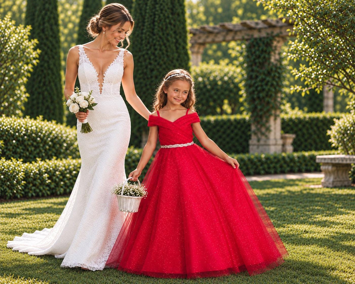 Red Glitter Tulle Ball Gown, Off-the-Shoulder Flower Girl Dress, Rhinestone Waist