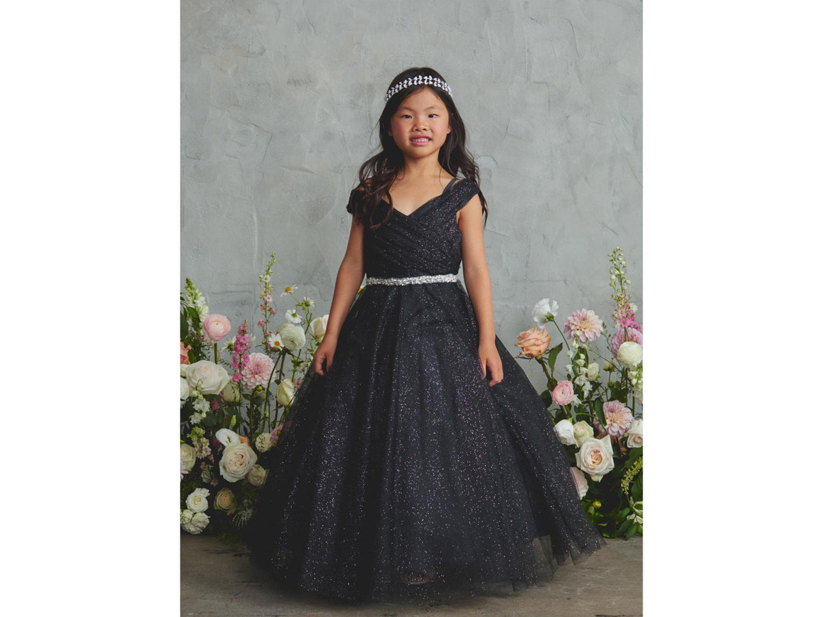 Black Glitter Tulle Ball Gown, Off-the-Shoulder Flower Girl Dress, Rhinestone Waist