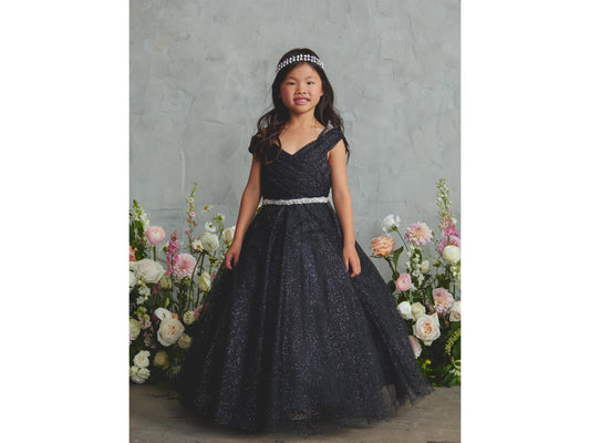 Black Glitter Tulle Ball Gown, Off-the-Shoulder Flower Girl Dress, Rhinestone Waist