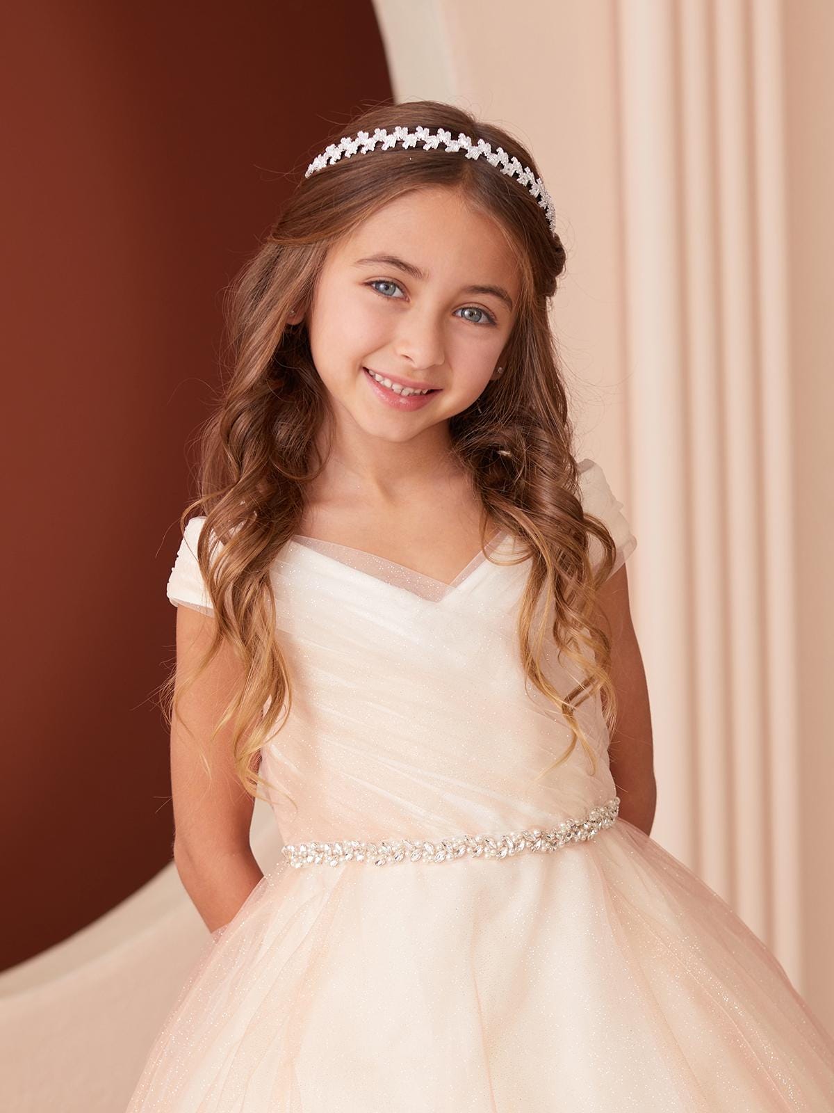 Rose Gold/Champagne Glitter Tulle Ball Gown, Off-the-Shoulder Flower Girl Dress, Rhinestone Waist