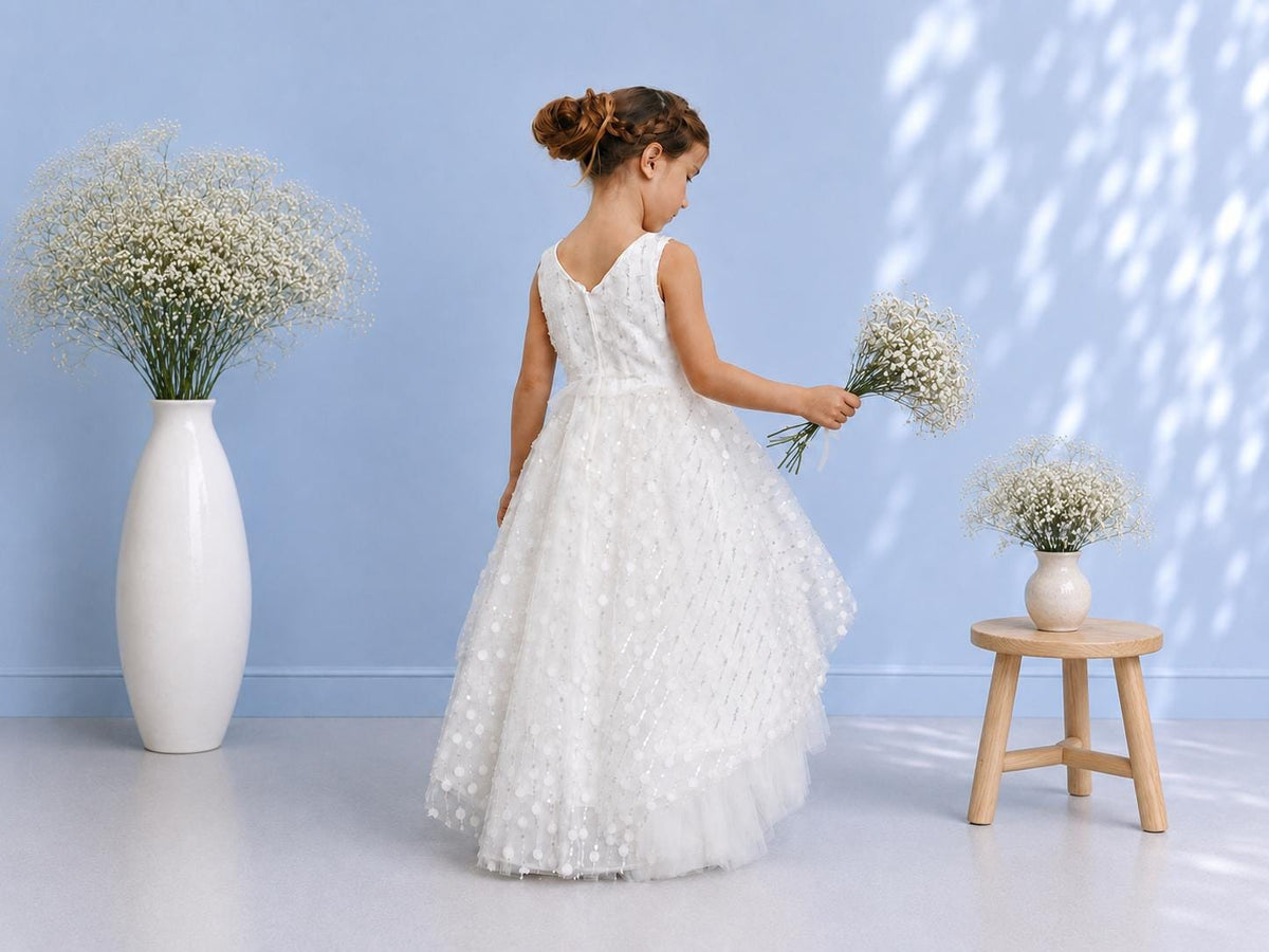 Champagne Flower Girl Dress, Chloe High Low Tulle Gown, Junior Bridesmaid for Girls
