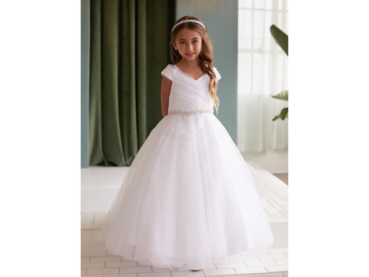 White Glitter Tulle Ball Gown, Off-the-Shoulder Flower Girl Dress, Rhinestone Waist