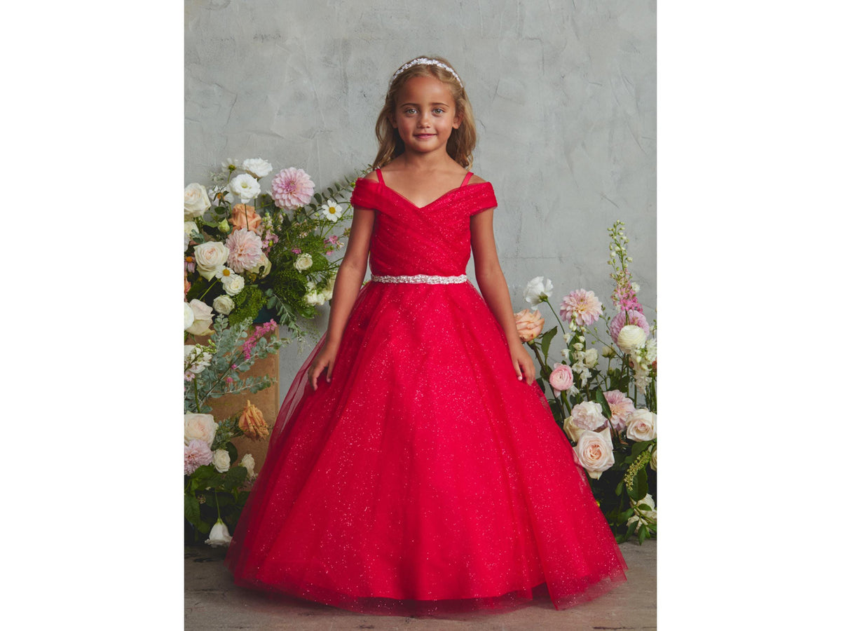 Red Glitter Tulle Ball Gown, Off-the-Shoulder Flower Girl Dress, Rhinestone Waist
