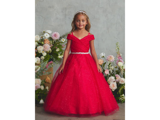 Red Glitter Tulle Ball Gown, Off-the-Shoulder Flower Girl Dress, Rhinestone Waist