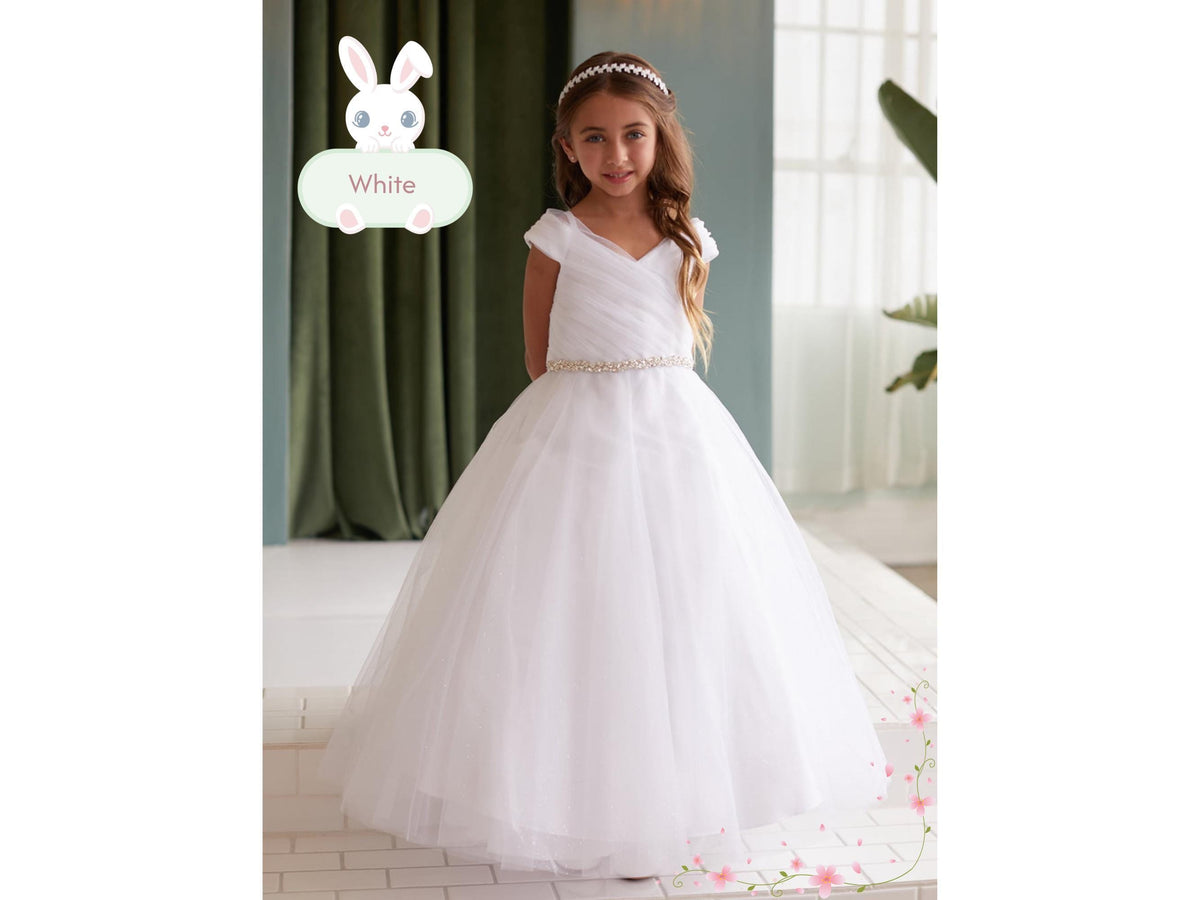 Emerald Glitter Tulle Ball Gown, Off-the-Shoulder Flower Girl Dress, Rhinestone Waist