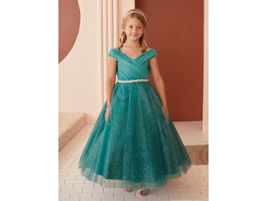 Emerald Glitter Tulle Ball Gown, Off-the-Shoulder Flower Girl Dress, Rhinestone Waist