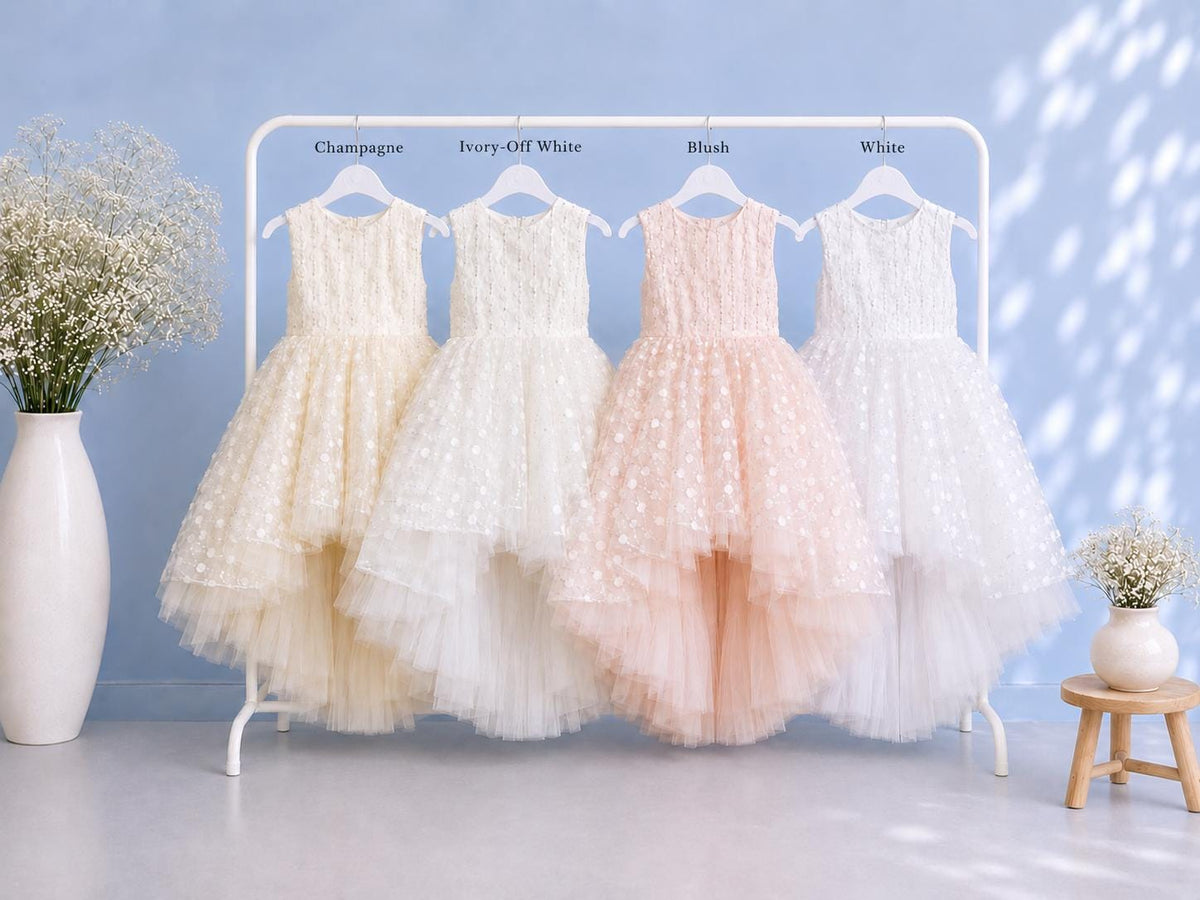 White Flower Girl Dress, Chloe High Low Tulle Gown, Junior Bridesmaid for Girls