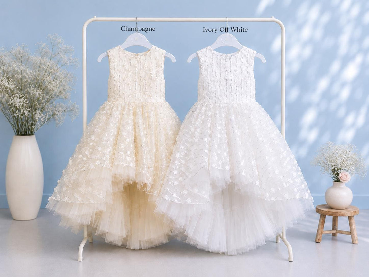 Ivory-Off White Flower Girl Dress, Chloe High Low Tulle Gown, Junior Bridesmaid for Girls