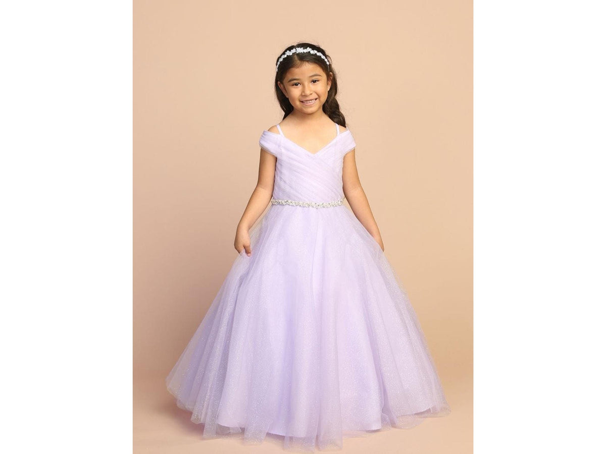 Lilac Glitter Tulle Ball Gown, Off-the-Shoulder Flower Girl Dress, Rhinestone Waist